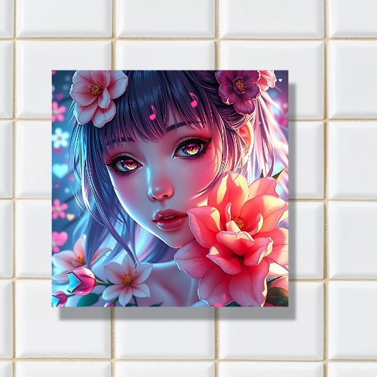 Mooie Anime Girl Glitchcore Bloemen Tegeltje