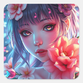 Mooie Anime Girl Glitchcore Bloemen Vierkante Sticker