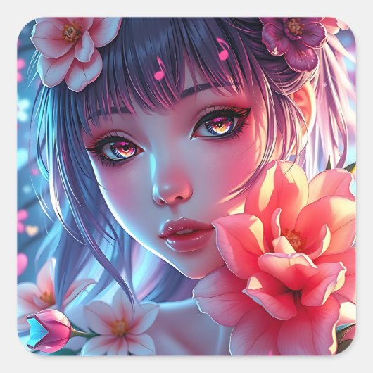 Mooie Anime Girl Glitchcore Bloemen Vierkante Sticker (Voorkant)