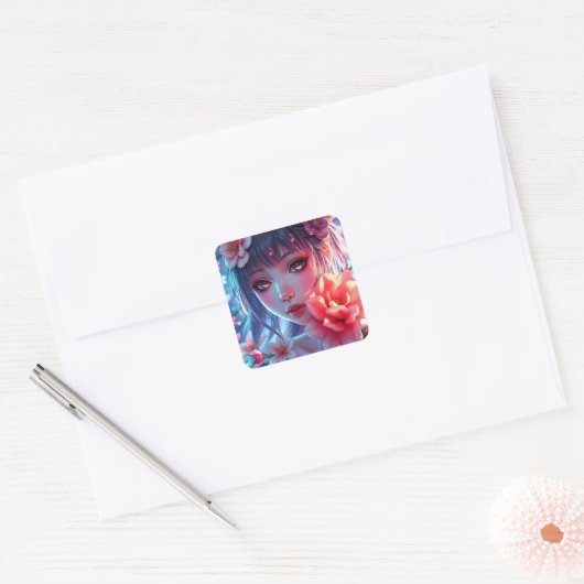 Mooie Anime Girl Glitchcore Bloemen Vierkante Sticker (Envelop)
