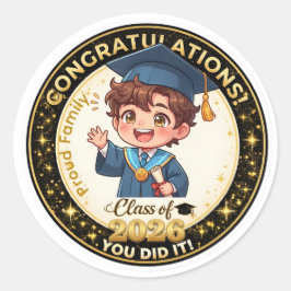 Mooie Anime Jongen Afstudeerklas van 2026 Goud Ronde Sticker
