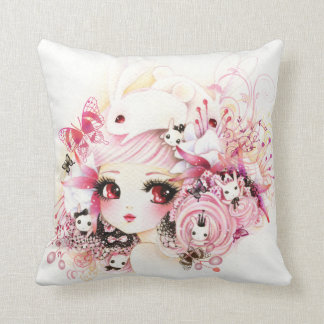 Mooie anime meid met schattige konijnen en bloemen kussen