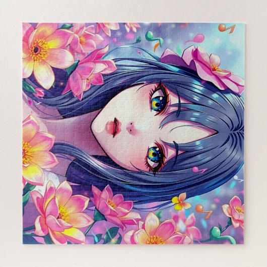 Mooie anime meisje en bloemen legpuzzel (Horizontaal)