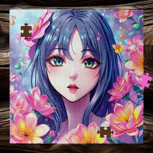Mooie anime meisje en bloemen legpuzzel