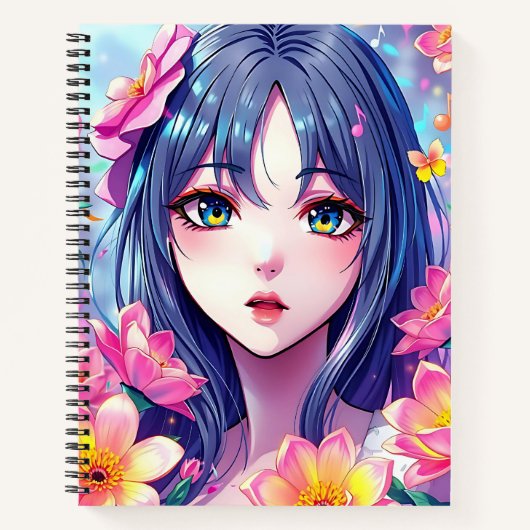 Mooie anime meisje en bloemen notitieboek (Voorkant)
