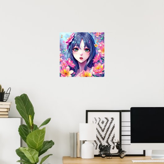 Mooie anime meisje en bloemen poster (Thuiskantoor)