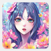 Mooie anime meisje en bloemen vierkante sticker (Voorkant)