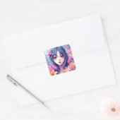 Mooie anime meisje en bloemen vierkante sticker (Envelop)
