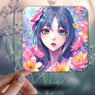 Mooie anime meisje en bloemen vierkante sticker
