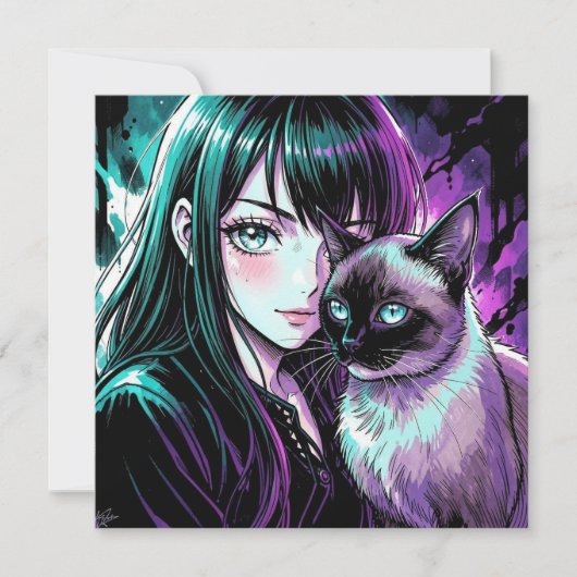 Mooie Anime Meisje en Siamese Kat (Voorkant)