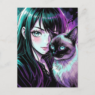 Mooie Anime Meisje en Siamese Kat Briefkaart