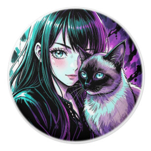 Mooie Anime Meisje en Siamese Kat Keramische Knop