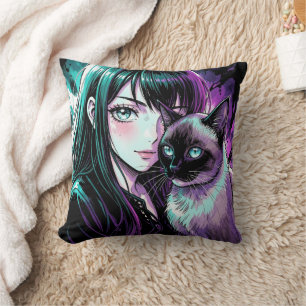 Mooie Anime Meisje en Siamese Kat Kussen
