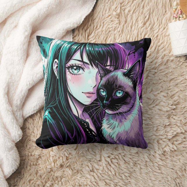 Mooie Anime Meisje en Siamese Kat Kussen (Deken)