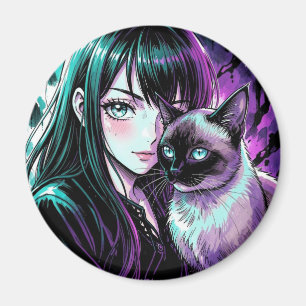 Mooie Anime Meisje en Siamese Kat Magneet