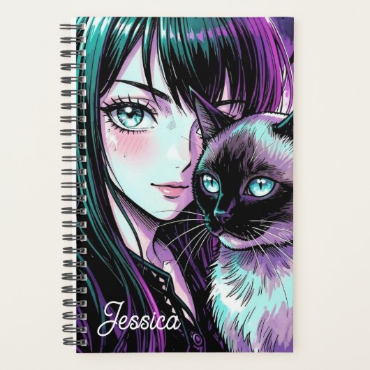 Mooie Anime Meisje en Siamese Kat Planner (Voorkant)
