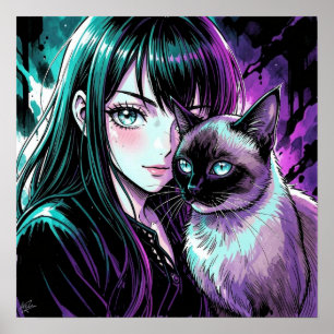 Mooie anime meisje en Siamese kat Poster