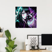 Mooie anime meisje en Siamese kat Poster (Thuiskantoor)