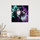 Mooie anime meisje en Siamese kat Poster (Keuken)