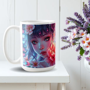 Mooie Anime Meisje Glitchcore Bloemstuk Koffiemok