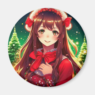 Mooie Anime Meisje in Festive Rode Kerst Magneet