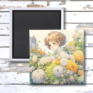 Mooie anime meisje in gele en witte bloemen magneet