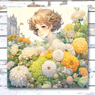 Mooie anime-meisje in gele en witte bloemen   perfect poster