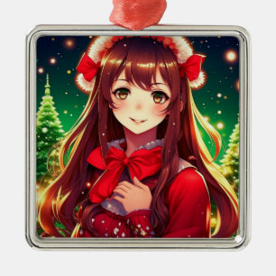 Mooie Anime Meisje in Rode Kerst Metalen Ornament