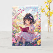 Mooie Anime Meisje Leest | Kleurplaat Verjaardag Kaart (Gele Bloem)