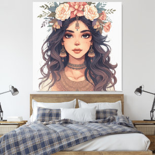 Mooie Anime-meisje met bloemen – Zachte Pastel Est Canvas Afdruk