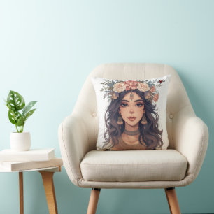 Mooie Anime-meisje met bloemen – Zachte Pastel Est Kussen