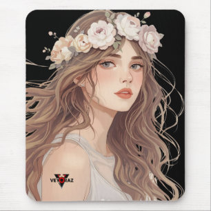 Mooie Anime-meisje met bloemen – Zachte Pastel Est Muismat