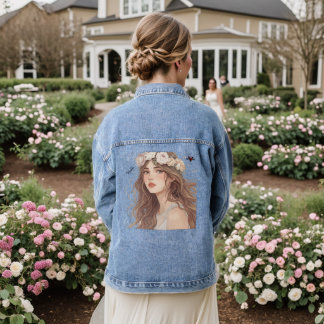 Mooie Anime-meisje met bloemen – Zachte Pastel Kle Denim Jacket
