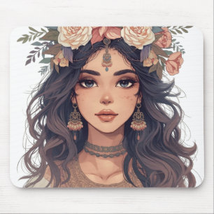 Mooie Anime-meisje met bloemen – Zachte Pastel Kle Muismat