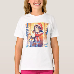 Mooie Anime Meisje met Husky Hond Kerstmis T-shirt