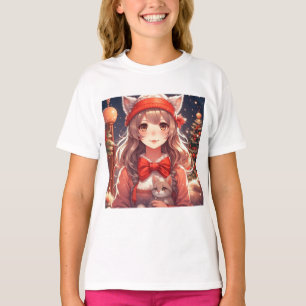 Mooie anime meisje met kitten met Kerstmis T-shirt