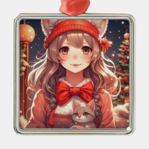 Mooie Anime Meisje met Kittens Kerstmis Metalen Ornament