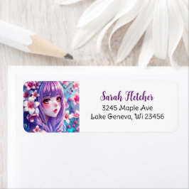 Mooie anime meisje met Paarse haren Etiket