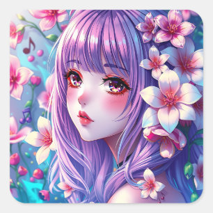 Mooie anime meisje met Paarse haren Vierkante Sticker