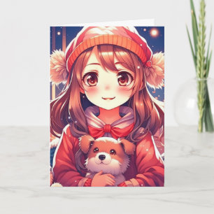 Mooie anime meisje met puppy en oorbeschermers feestdagen kaart