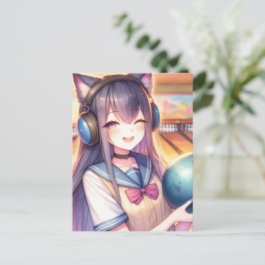 Mooie Anime Meisje op Bowling Verjaardagsfeestje Briefkaart (Staand voorkant)