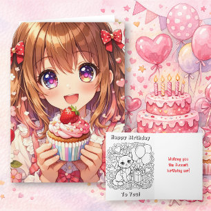 Mooie Anime Meisje Verjaardag en Kleurplaat Kaart