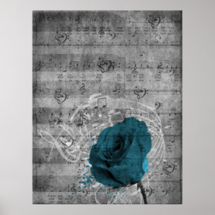 Mooie antiek blauw roos schildermuziek poster