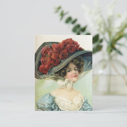 Mooie antieke geschilderde dame, hoed met zijden r briefkaart (Staand voorkant)