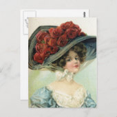 Mooie antieke geschilderde dame, hoed met zijden r briefkaart (Voorkant / Achterkant)