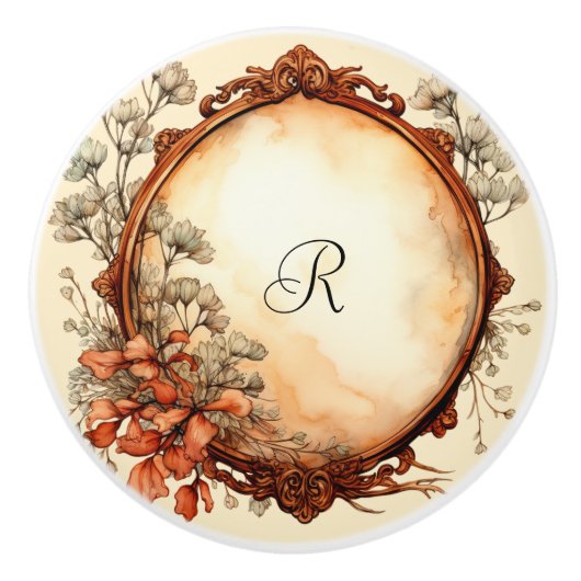 Mooie antieke houten lijst met bloemen keramische knop (Voorkant)