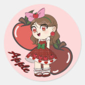 Mooie Apple Thema Chibi met Apple Achtergrond Ronde Sticker (Voorkant)