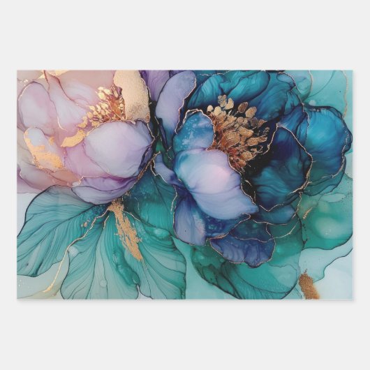 Mooie Aqua Blauwe Paarse Gouden Bloem Inpakpapier Vel (Voorkant 2)