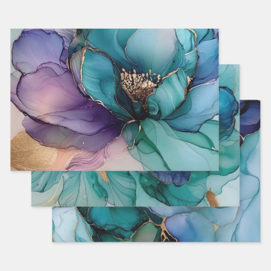 Mooie Aqua Blauwe Paarse Gouden Bloem Inpakpapier Vel (Set)