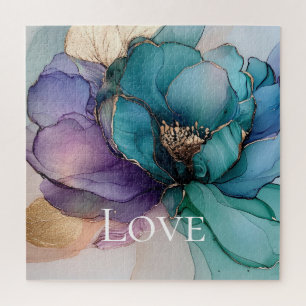 Mooie Aqua Blauwe Paarse Gouden Bloemrijke Liefde Legpuzzel